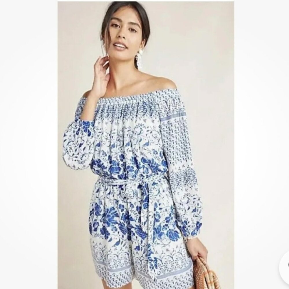Anthropologie Clemente Floral Romper Women Small Blue White Off Shoulder Shorts